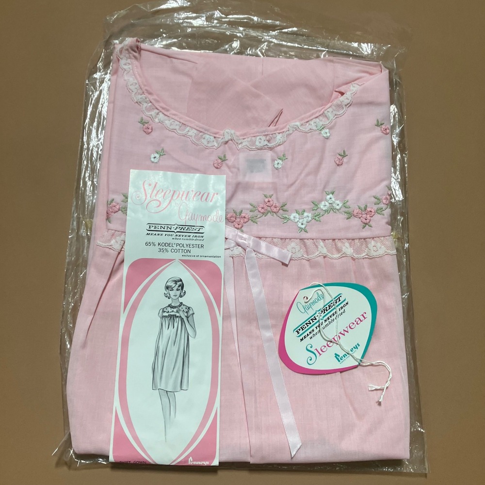 Vtg Pennys Gaymode Pink‎ Floral Embroidered Nightgown Sleepwear NOS Penn Prest